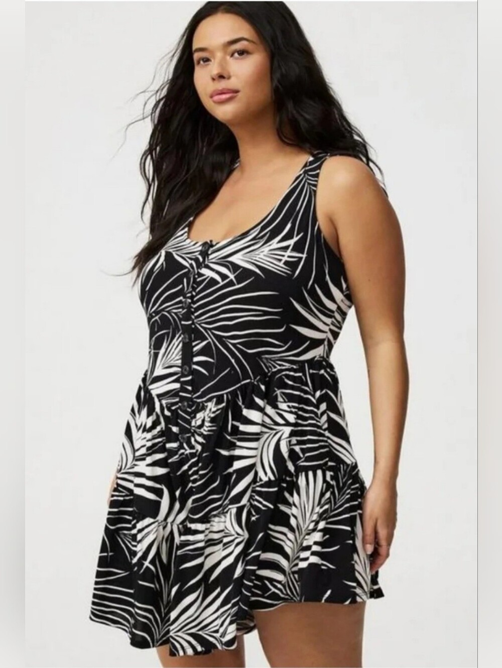 Torrid 1X Black White Tropical Leaf Print Button Front Romper